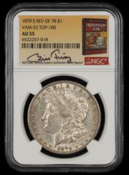 1879 S Rev Of 78 Top-100 VAM 52 $1 Bill Fivaz Signature Label NGC AU-55