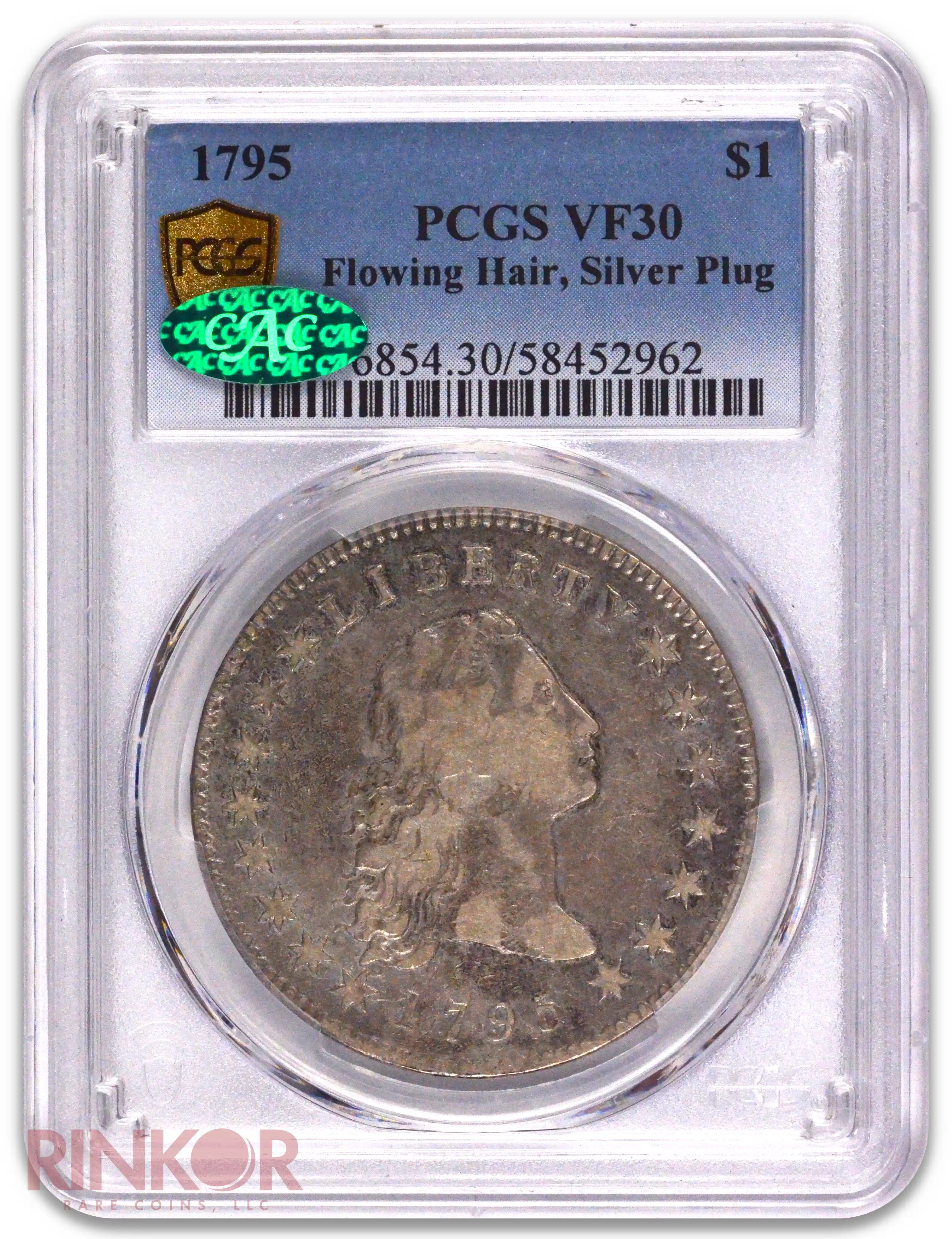 1795 $1 Silver Plug Flowing Hair Dollar PCGS VF-30 CAC