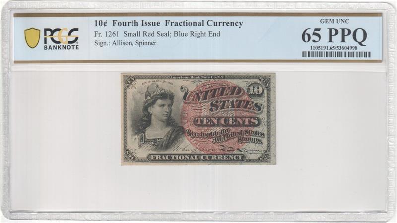 Fr. 1261 10 Cent Fractional Currency Fourth Issue PCGS 65 PPQ 