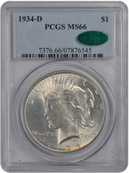 1934-D $1 Peace Dollar PCGS  (CAC) #3611-1 MS66