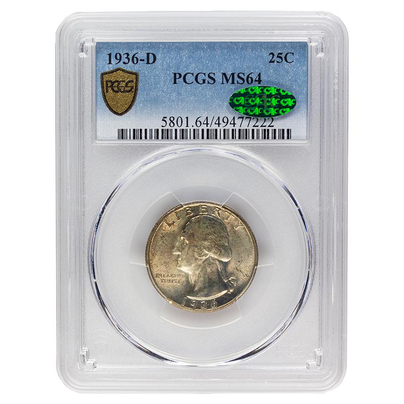 1936-D Washington Quarter, 25C PCGS  MS64 CAC Certified