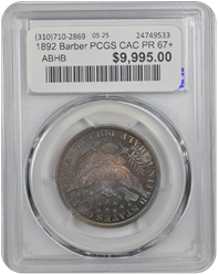 1892 Barber PCGS CAC PR 67+