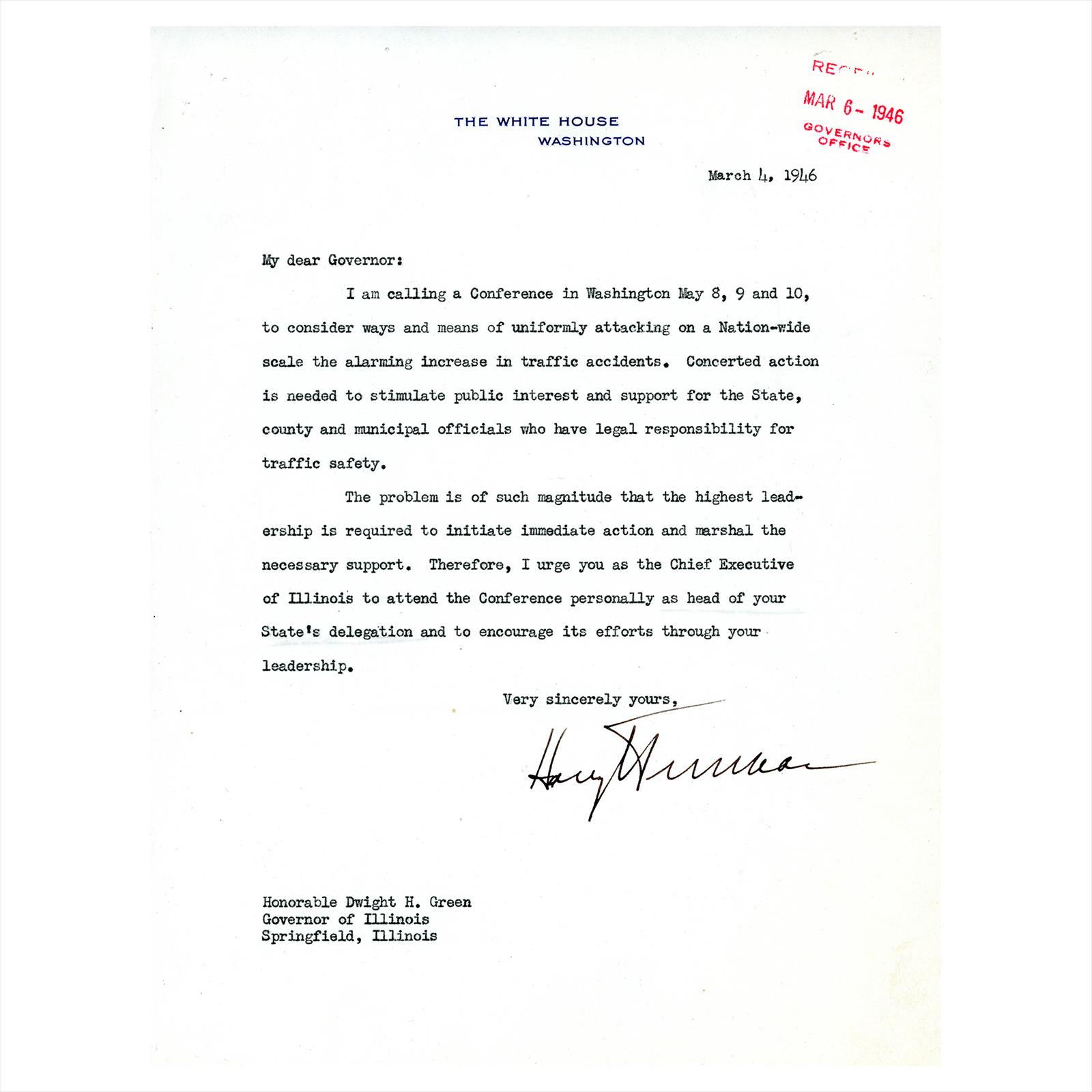 1946 Harry Truman Signed Letter to Dwight H. Green, Governor of Illinois 