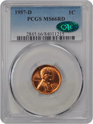 1957-D 1C Lincoln Cent - Type 1 Wheat Reverse PCGS RD (CAC) #3616-5 MS66