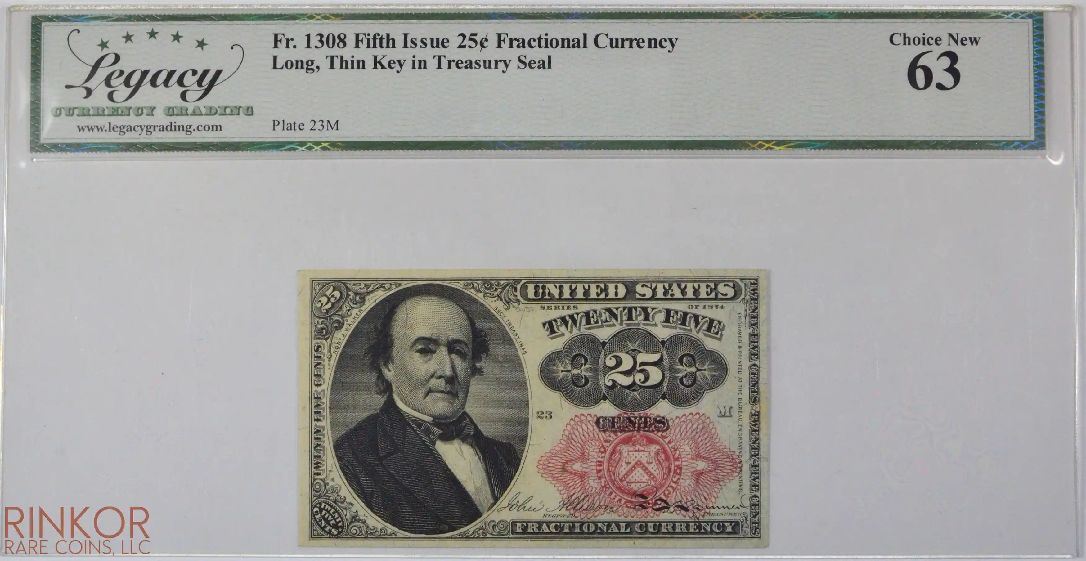 Fifth Issue 25 Cent Fr. 1308 Long Thin Key Fractional Currency LCG CU 63