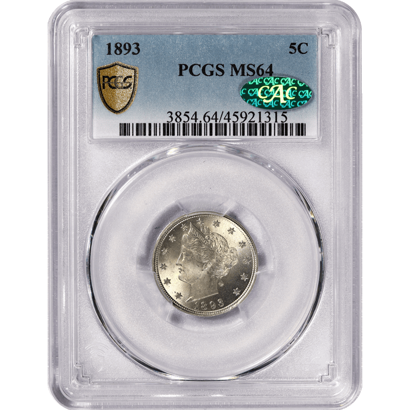 1893 5c Liberty V Nickel - PCGS MS64  CAC - Great Luster!