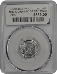 1943-S Lincoln PCGS CAC MS 67