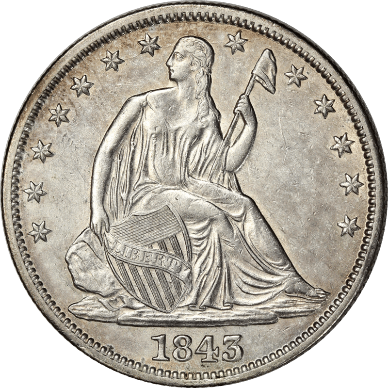 1843 Seated Liberty Half Dollar 50c,  Choice About Uncirculated