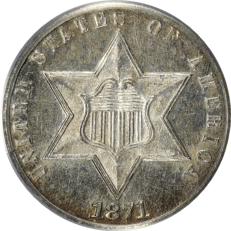 1871 Three Cent Silver 3CS, PCGS MS 63 - Lustrous - Nice Coin - OGH