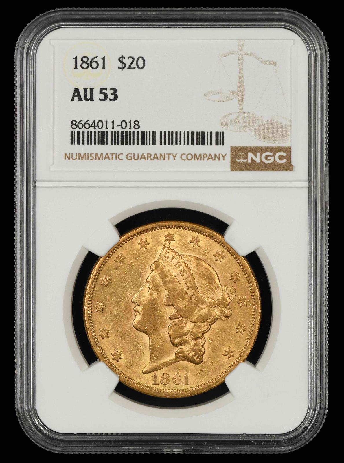 1861 $20 Gold NGC AU53