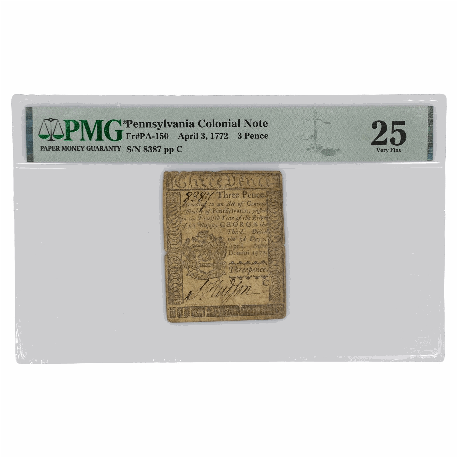 April 3, 1772 Pennsylvania Colonial 3 Pence FR# PA-150 PMG VF 25