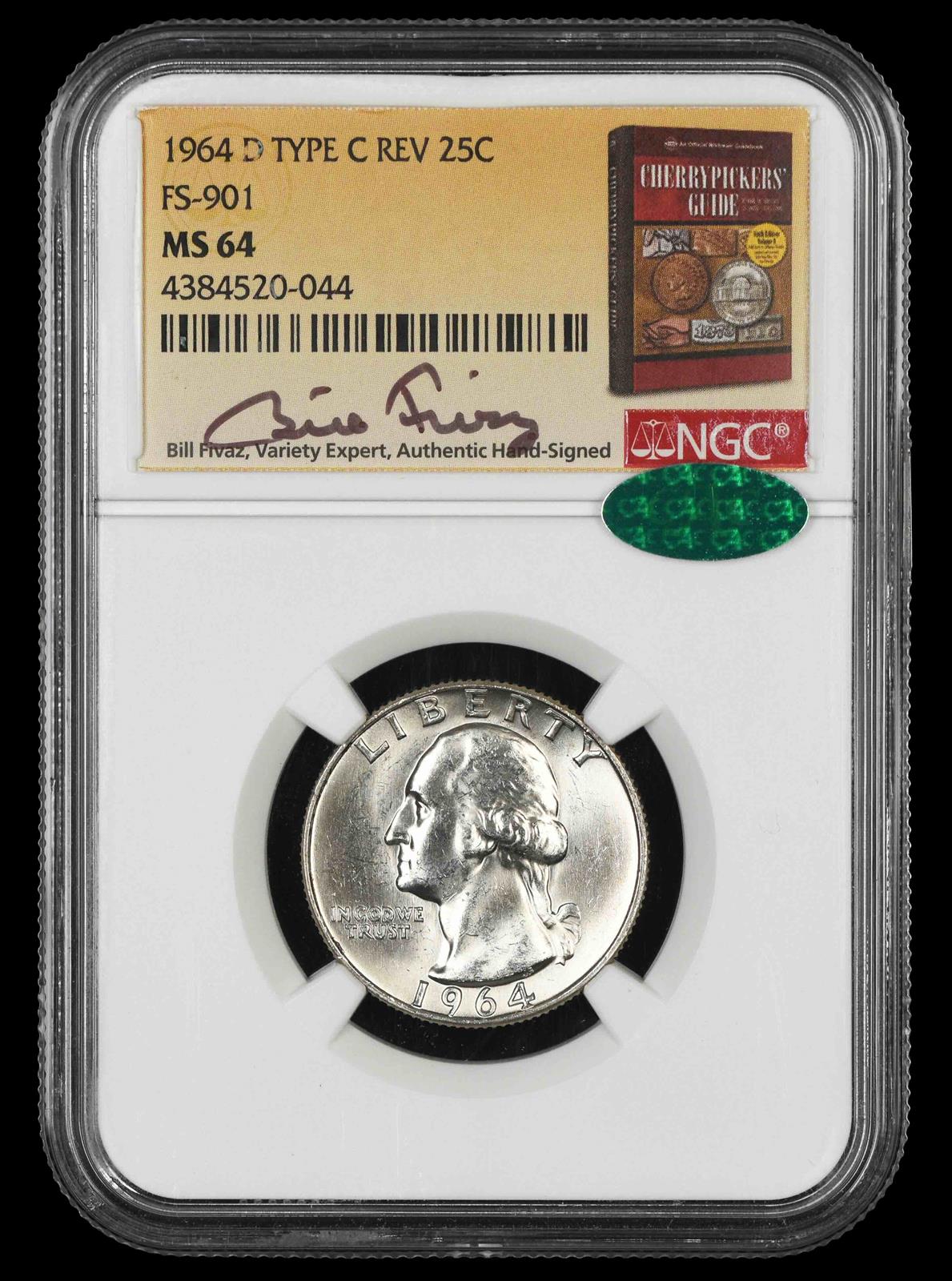 1964 D Washington Quarter Type C Reverse FS-901 Bill Fivaz Signature Label NGC MS64 CAC