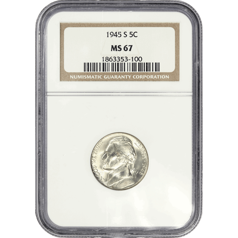 1945-S Jefferson Silver War Nickel 5c, NGC  MS67 - Nice White Coin