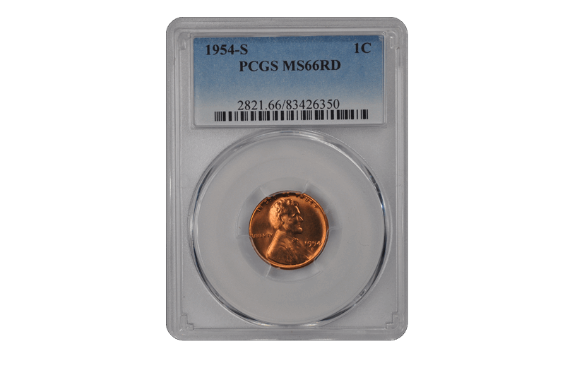 1954-S 1C Lincoln Cent - Type 1 Wheat Reverse PCGS RD #3441-7 MS66