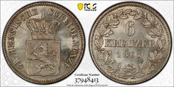 W Hess Darm 1867 6 Kreuzer PCGS MS64, 37948413 