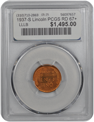 1937-S Lincoln PCGS RD 67+