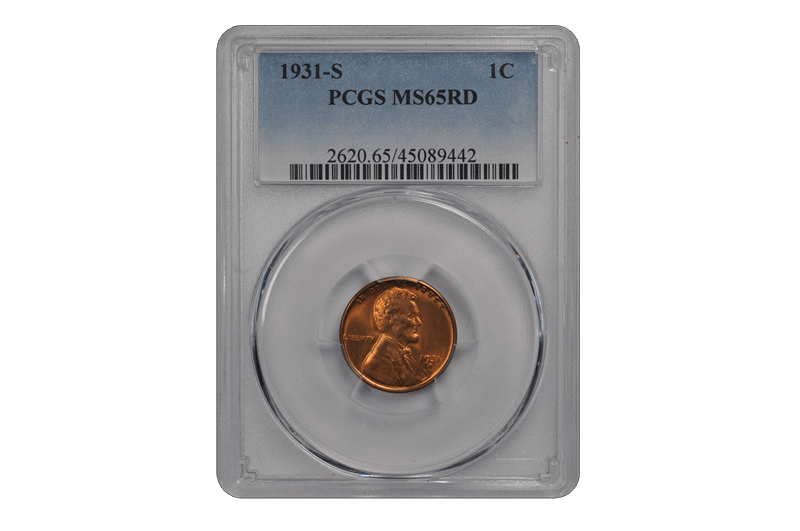 1931-S 1C Lincoln Cent - Type 1 Wheat Reverse PCGS RD #3448-4 MS65