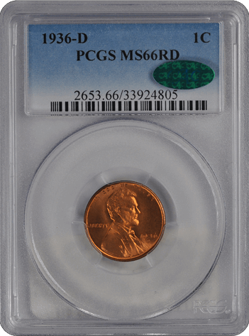 1936-D Lincoln Wheat PCGS (CAC) MS 66 RD