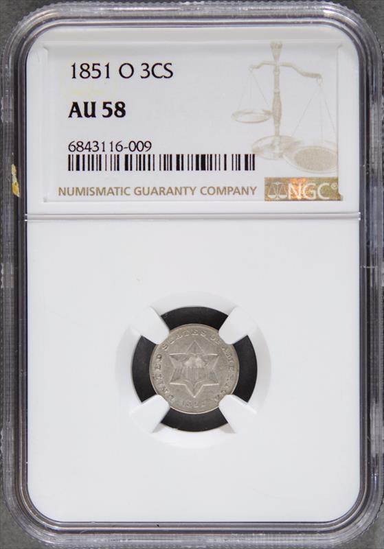 1851-O Three Cent TYPE 1 NGC AU58