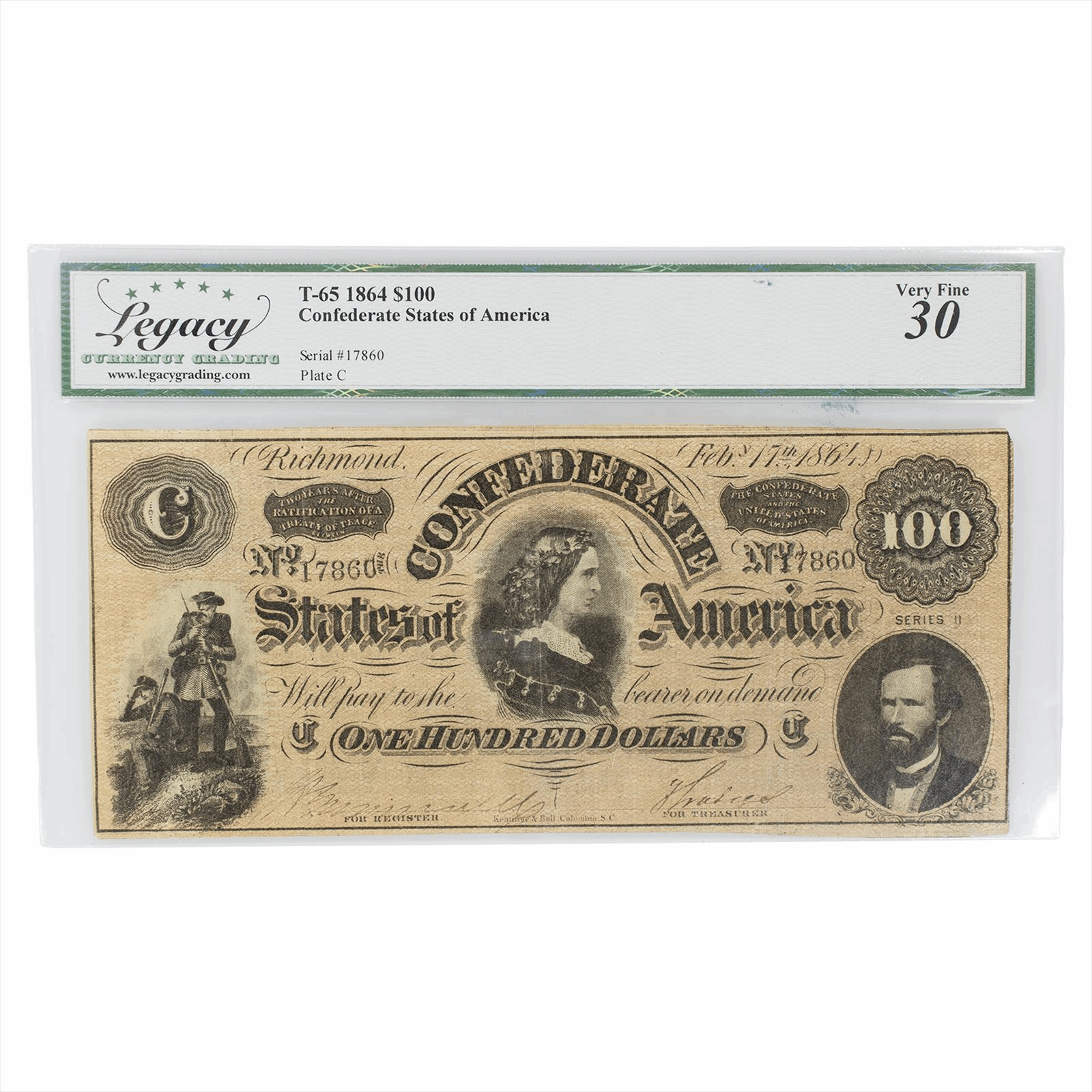 1864 Confederate States of America Note $100 T65 Legacy Very Fine 30