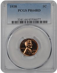 1938 1C Lincoln Cent - Type 1 Wheat Reverse PCGS RD #3506-4 PR64