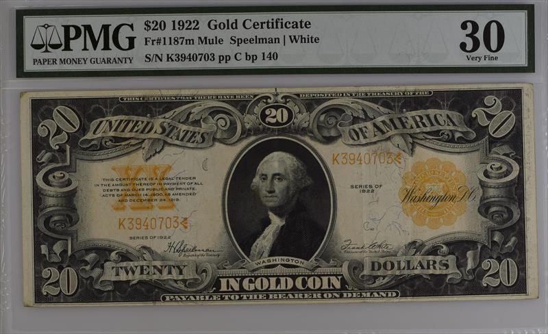 Fr. 1187m 1922 $20 Gold Certificate Mule PMG 30 