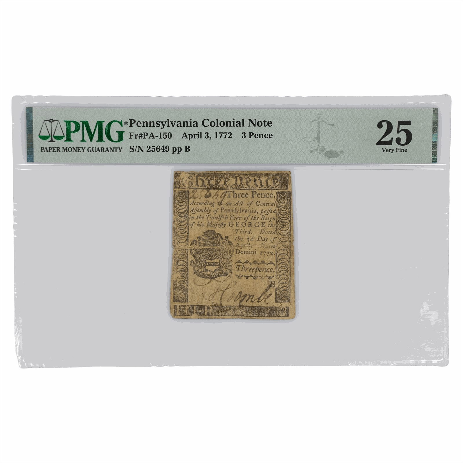 April 3, 1772 Pennsylvania Colonial 3 Pence FR# PA-150 PMG VF 25