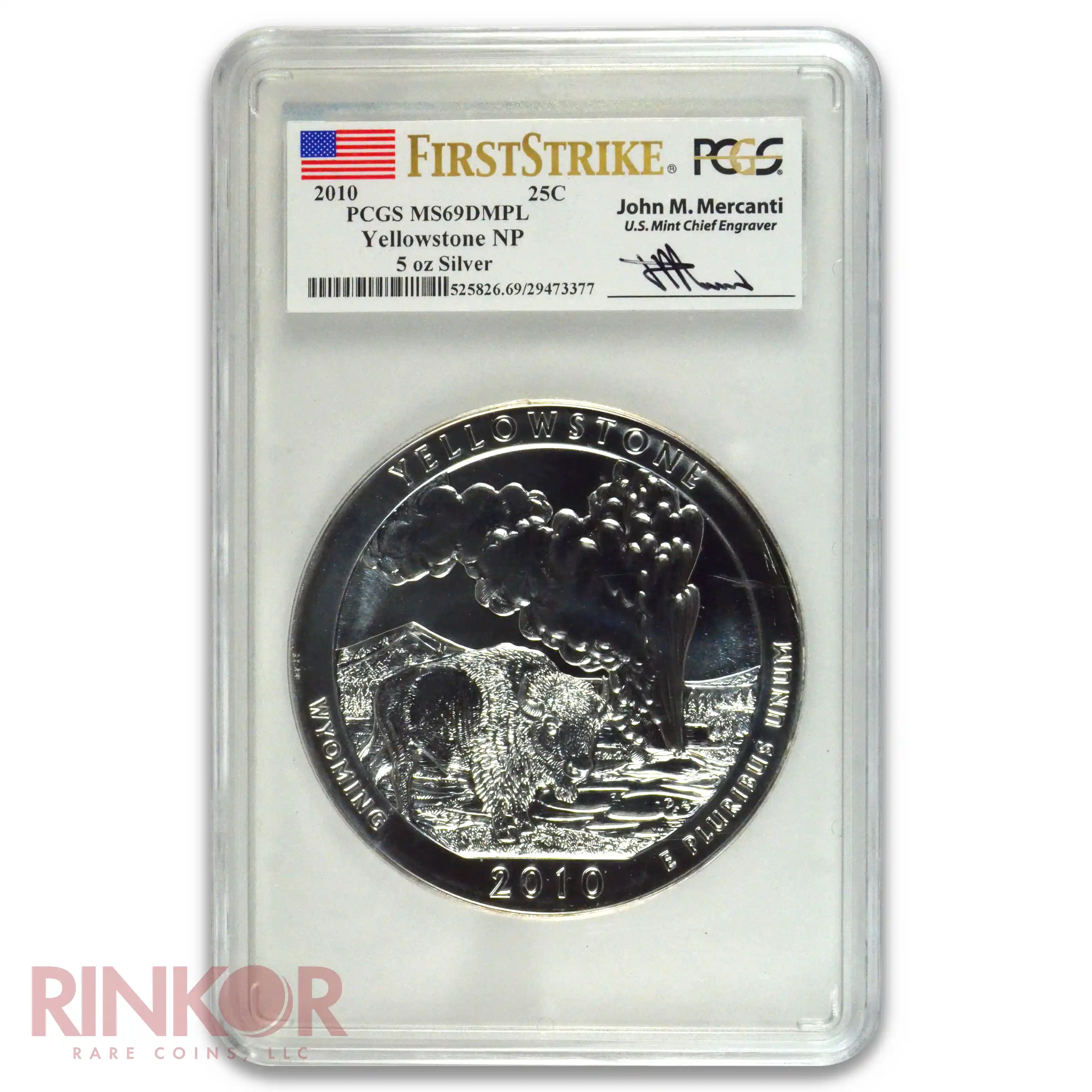 2010 5oz America the Beautiful Yellowstone First Strike Mercanti PCGS MS 69 DMPL