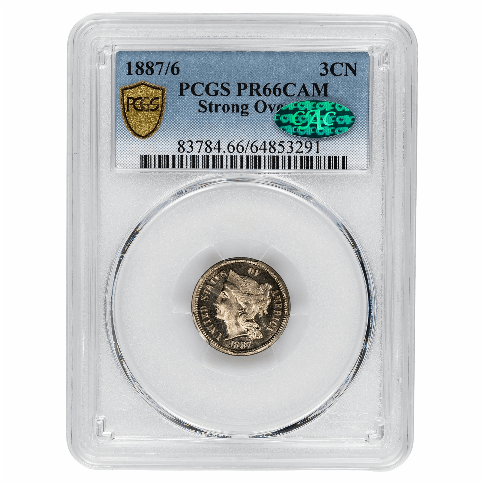 1887/6 Strong Overdate Three Cent Nickel 3CN PCGS PR 66 CAM CAC