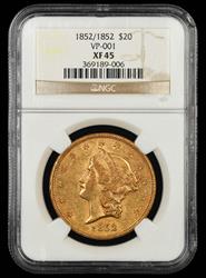 1852/1852 $20 Gold VP-001 NGC XF-45