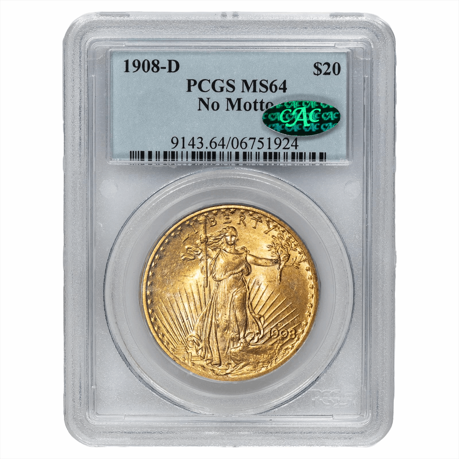 1908-D St. Gaudens Gold Double Eagle $20 No Motto PCGS MS 64 CAC