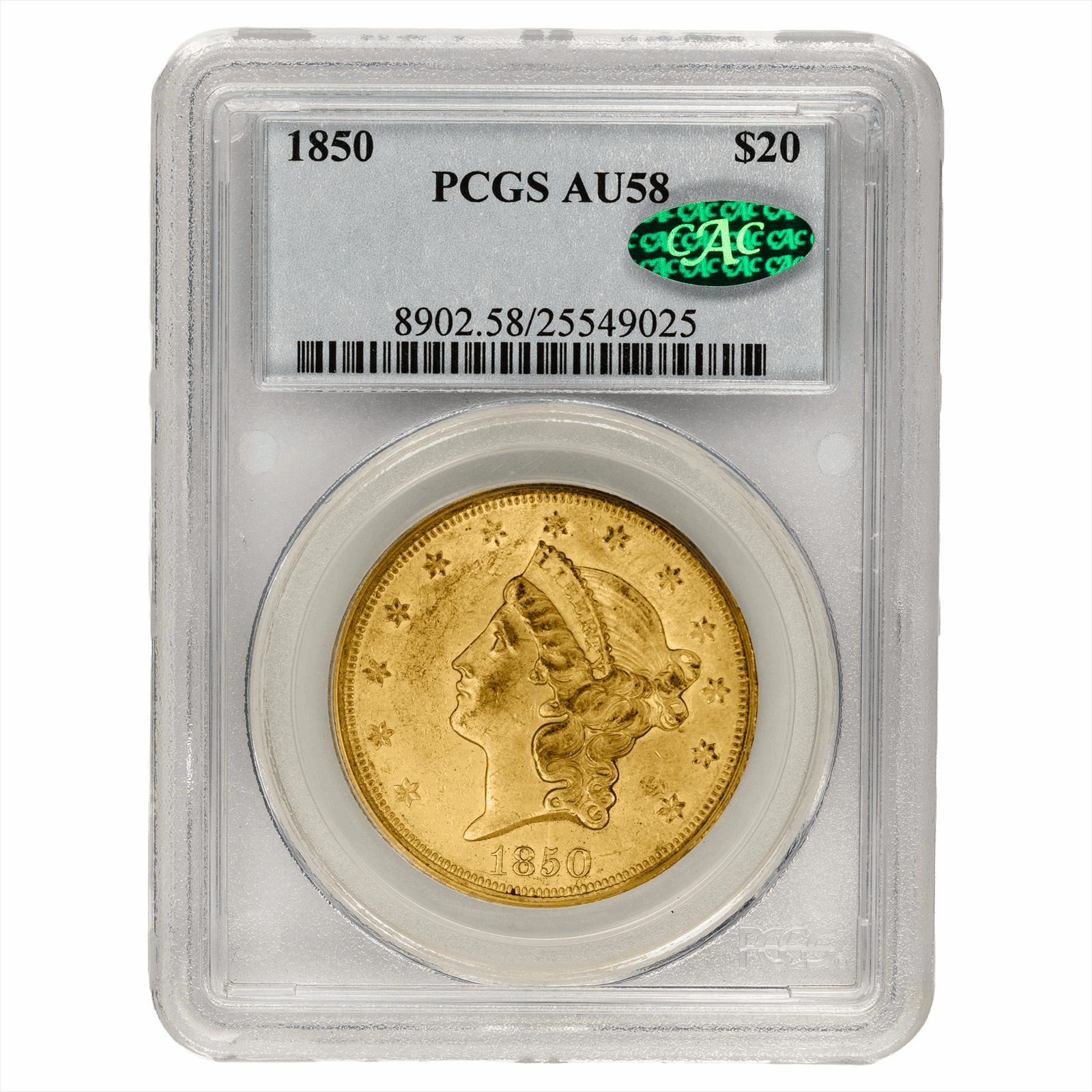 1850 Liberty Head Gold Double Eagle $20 PCGS AU 58 CAC