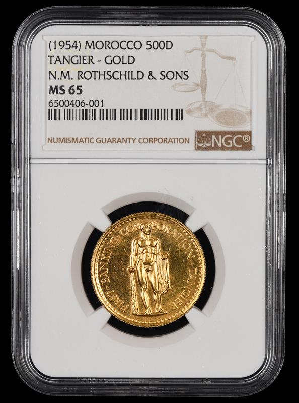 1954 500D MOROCCO TANGIER GOLD N.M. ROTHSCHILD & SONS NGC  MS65