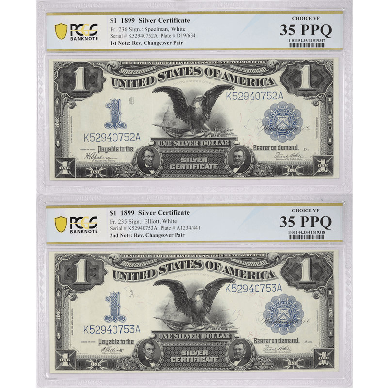 1899 $1 Silver Certificate Changeover Pair Fr.235/236  PCGS 35PPQ 