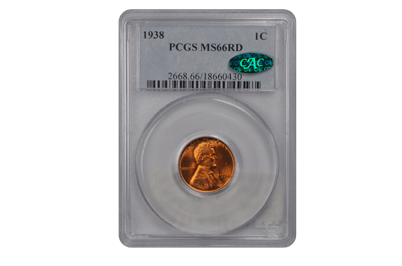 1938 1C Lincoln Cent - Type 1 Wheat Reverse PCGS RD (CAC) #3452-3 MS66