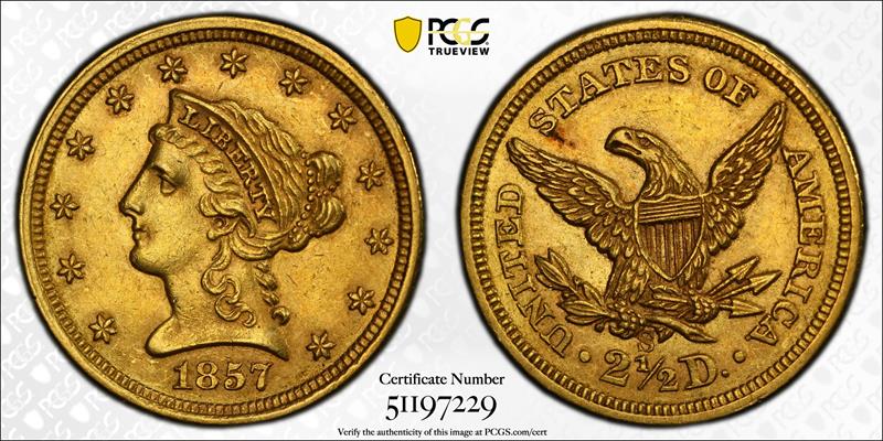 1857-S $2.50 PCGS AU-58 CAC