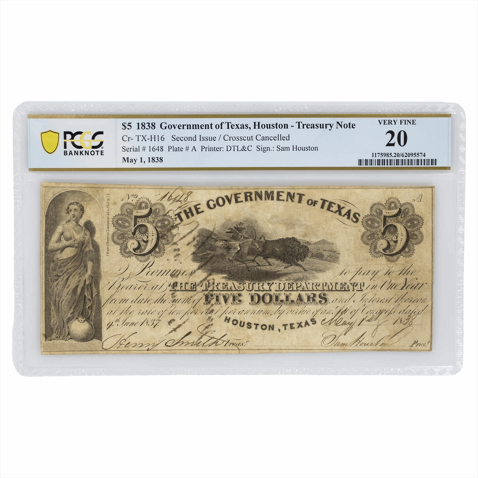 1838 $5 Government of Texas, Houston Treasury Note PCGS Very Fine 20