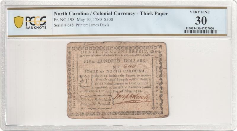 Fr. NC-198 North Carolina May 10, 1780 $500 Colonial PCGS VF30 