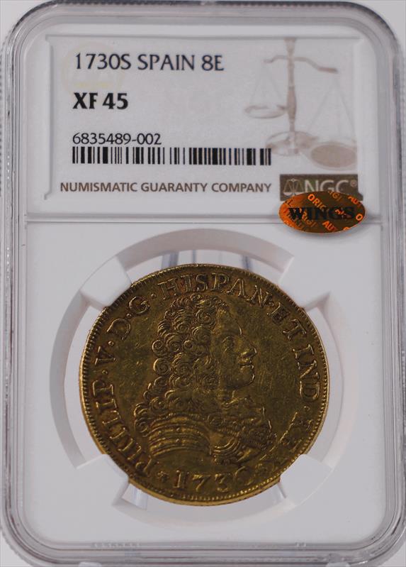 1730 S Spain Gold 8 Escudo NGC XF45 WINGS 