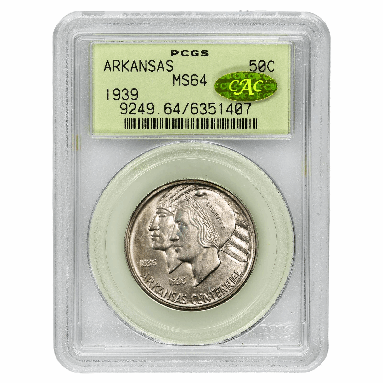 1939 Arkansas Commemorative Half Dollar 50C PCGS MS 64 CAC