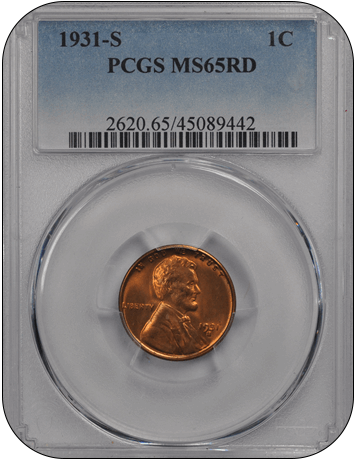 1931-S 1C Lincoln Cent - Type 1 Wheat Reverse PCGS RD #3448-4 MS65