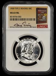 1959 P T2 Reverse Franklin Half FBL Bill Fivaz Signature Label NGC MS 63
