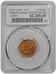 1934-D Lincoln PCGS RD 67