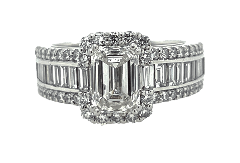 1.5ct Emerald Cut Center Diamond Ring with 1.5cttw Diamond Halo and Accent Diamonds, in Platinum 