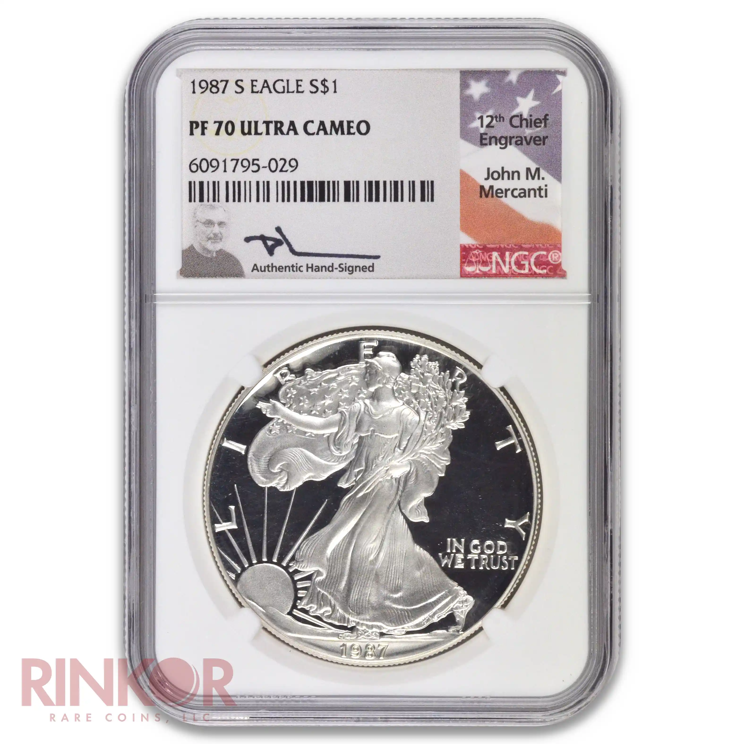 1987-S 1oz Proof American Silver Eagle Mercanti Signature NGC PF 70