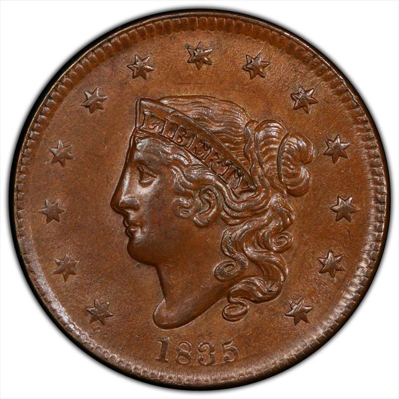 1835  Small 8 Stars 1c PCGS BN 62 CAC