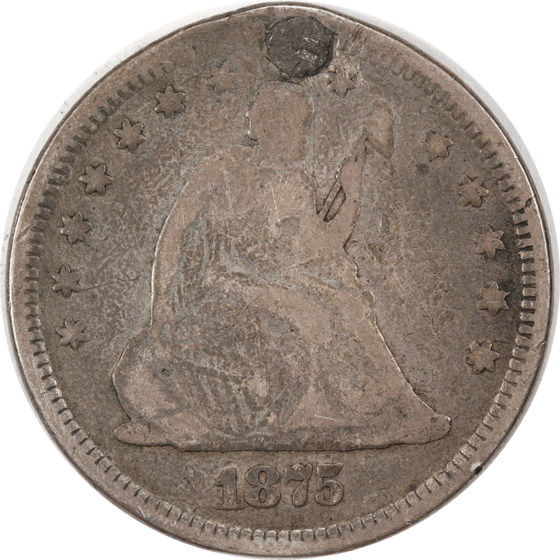 1875 Motto, Seated Liberty Quarter 25c Circulated, Very Good - Damaged, Plugged