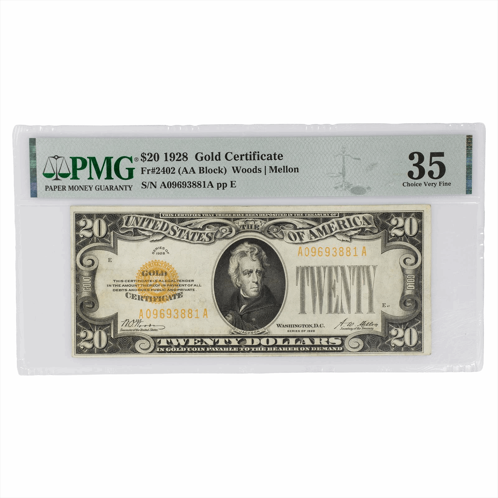 1928 $20 Gold Certificate Fr#2402 PMG Choice Very Fine 35