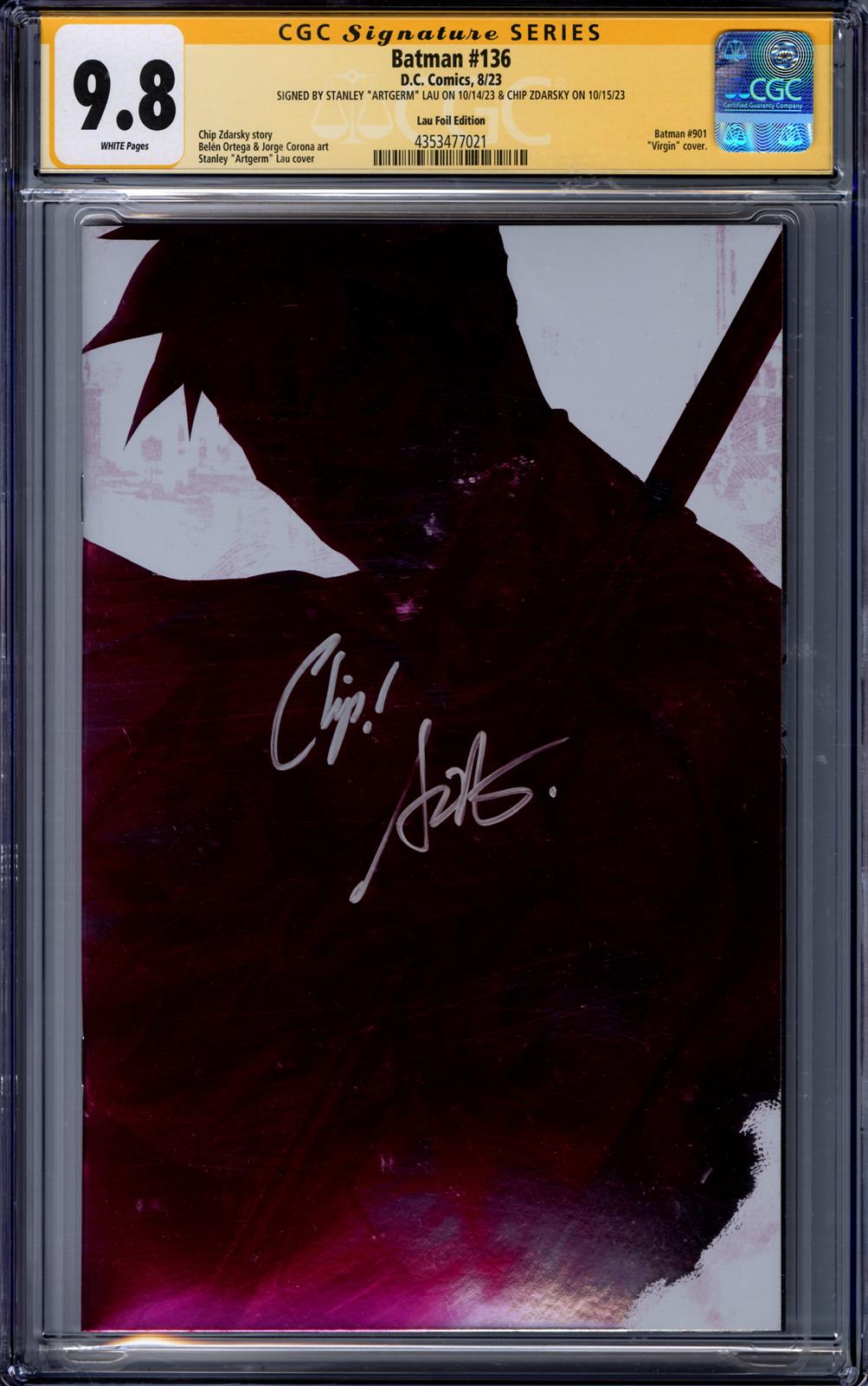 Batman #136 CGC Signature Series 9.8 (D.C., 2023) Signed by Stanley Artgerm Lau & Chip Zdarsky 
