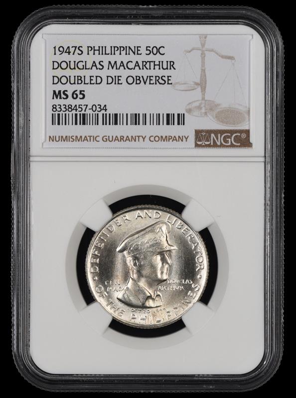 1947 S Philippines 50 Centavos Douglas MacArthur Doubled Die Obverse NGC MS65